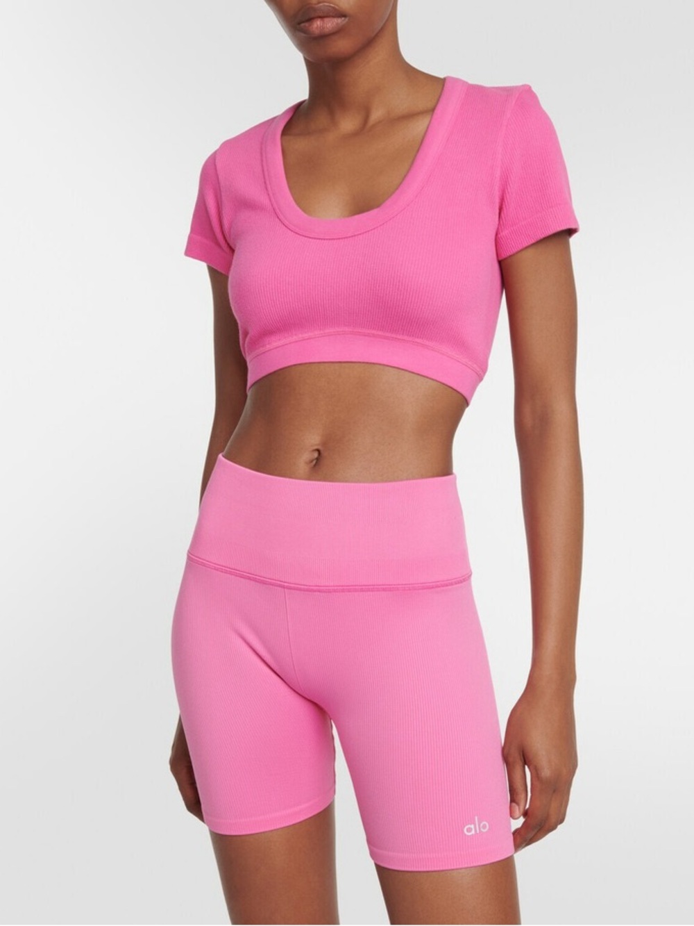 ALO Seamless Rib Bike Shorts In Paradise Pink - Picture 2 of 7
